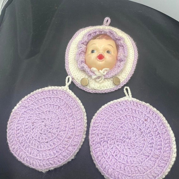 Vintage 1950'' Crochet Doll Face Pot Holder Trivet‎ Kitsch Kitchen (mcp25) - Picture 4 of 6